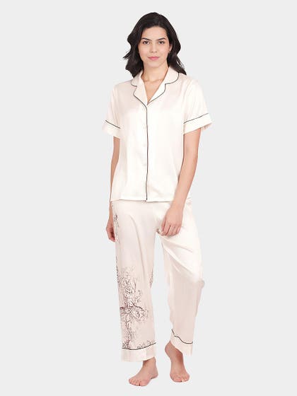 Shyle  White Brown Bird Printed Contrast Piping Satin Pyjama Set