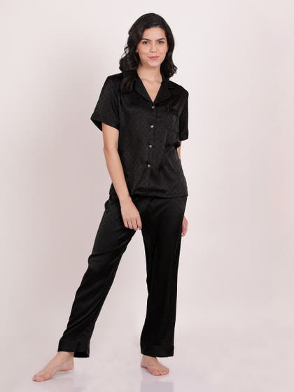 Shyle Black Beauty Flower Printed Satin Pyjama Set