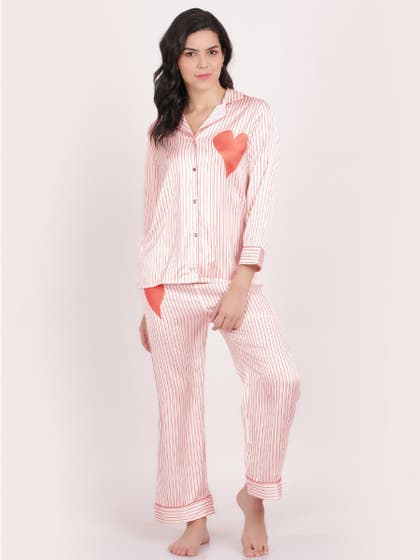 Shyle Camellia Orange Stripe Printed Satin Pyjama Set