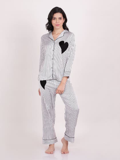 Shyle Black Beauty Stripe Printed Satin Pyjama Set