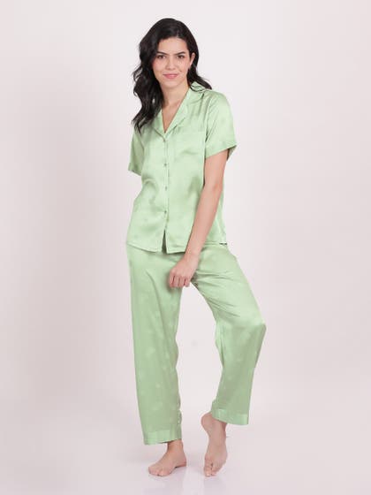 Shyle Jadesheen Green Flower Strawberry Printed Satin Pyjama Set