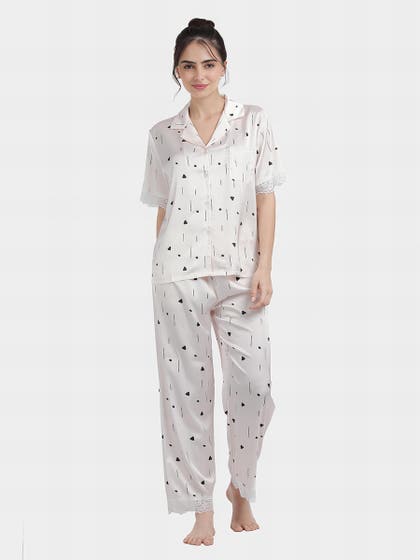 Shyaway Cream Peach Abstract Printed Satin Pyjama Set