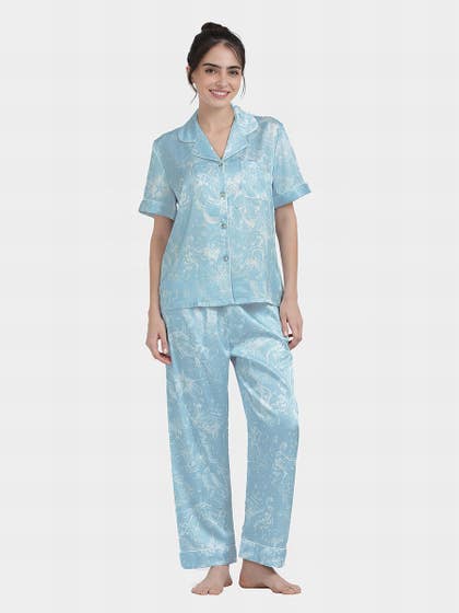 Shyaway Delicate Blue Abstract Printed Contrast Piping Satin Pyjama Set
