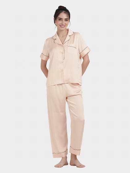 Shyaway Peach Black Solid Lace Detailed Satin Pyjama Set