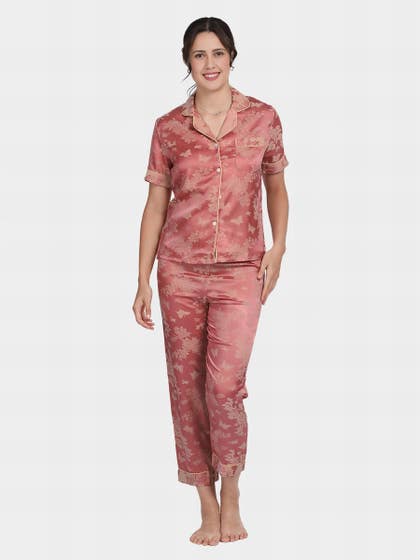 Shyaway Blush Pink Abstract Printed Contrast Piping Satin Pyjama Set