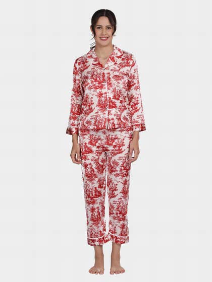 Shyaway Savvy Red Abstract Printed Contrast Piping Satin Pyjama Set