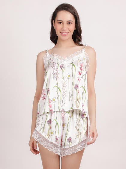 Shyle White Lace Neckline Orchid Flower Printed Satin Shorts Set