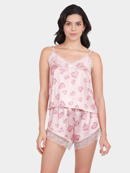 Shyle Ballet Slipper Lace Neckline Heart Printed Satin Shorts Set