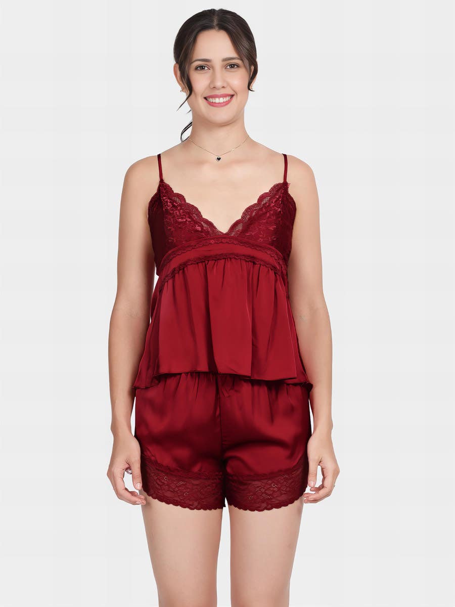 Shyle Savvy Red Front Lace Solid Satin Shorts Set