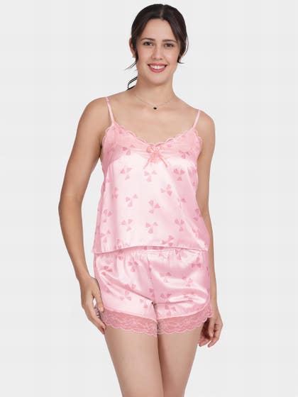 Shyle Baby Pink Lace Neckline Bow Printed Satin Shorts Set