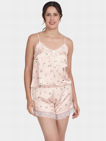 Shyle Light Pink Lace Neckline Floral Printed Satin Shorts Set