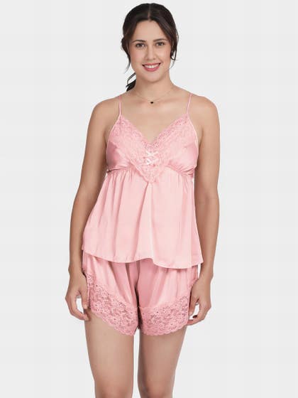 Shyle Baby Pink V Lace Neckline Solid Satin Shorts Set