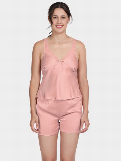 Shyle Mauve Glow Lace Neckline Solid Satin Shorts Set