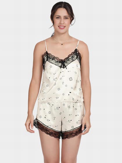 Shyle White Black Lace Neckline Floral Printed Satin Shorts Set