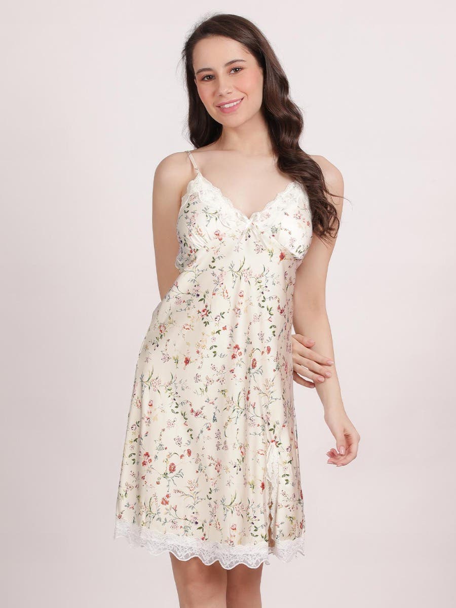 Shyle White Ditsy Floral Triangular Cup Front Slit Satin Chemise