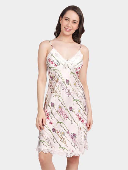 Shyle White Purple Triangular Cup Front Slit Satin Chemise