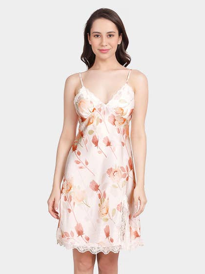 Shyle White Orange Triangular Cup Front Slit Satin Chemise