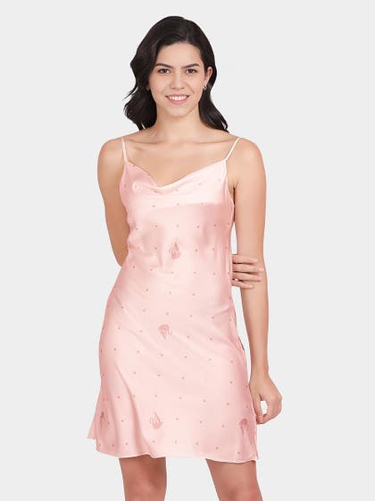 Shyle Pale Rosette Cowl Neckline Flamingo Printed Satin Chemise