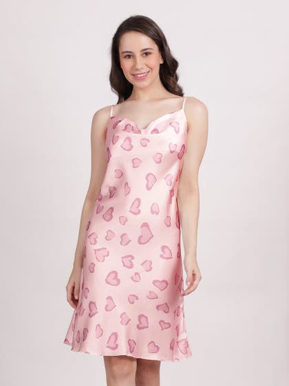 Shyle Ballet Slipper Cowl Neckline Heart Printed Satin Chemise
