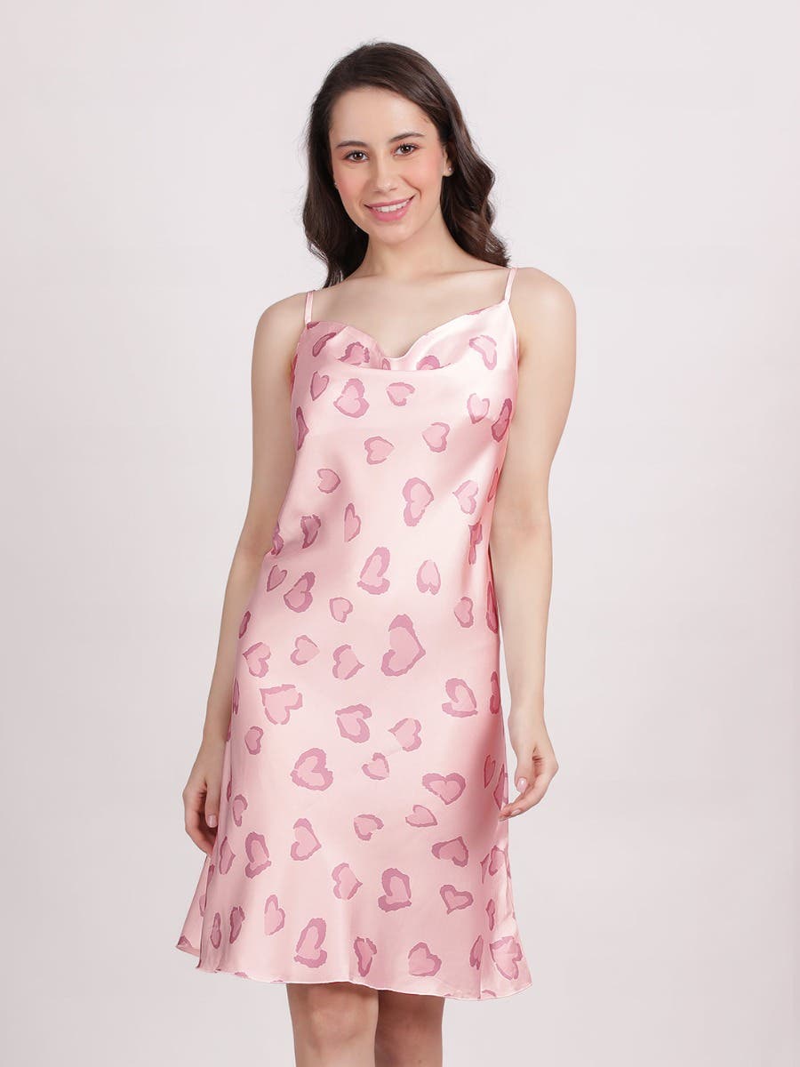 Shyle Ballet Slipper Cowl Neckline Heart Printed Satin Chemise