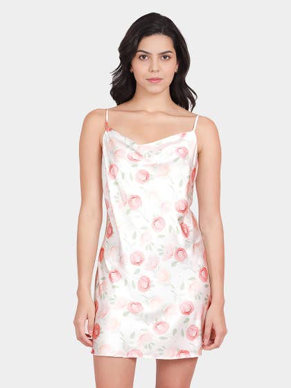 Shyle Peony Pink Cowl Neckline Floral Printed Satin Chemise