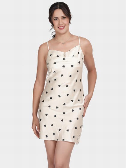 Shyle White Heart Printed Cowl Neckline Satin Chemise