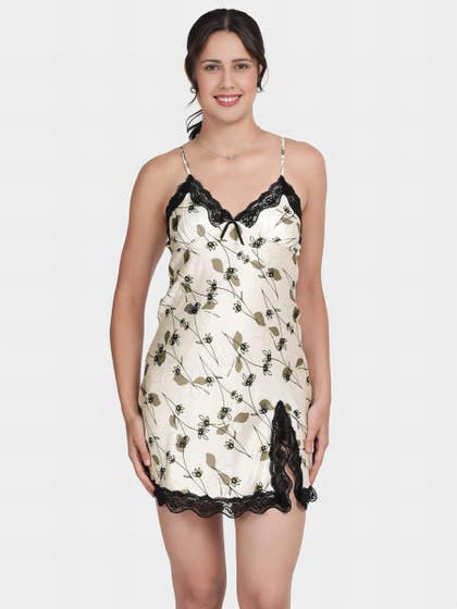 Shyle White Black Triangular Lace Cup Satin Chemise