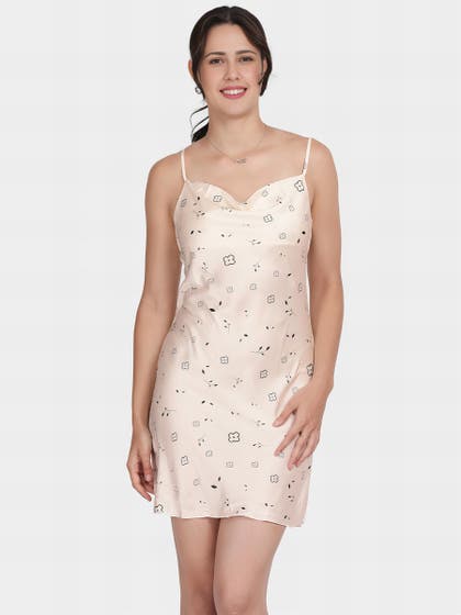 Shyle Black White Printed Cowl Neckline Satin Chemise