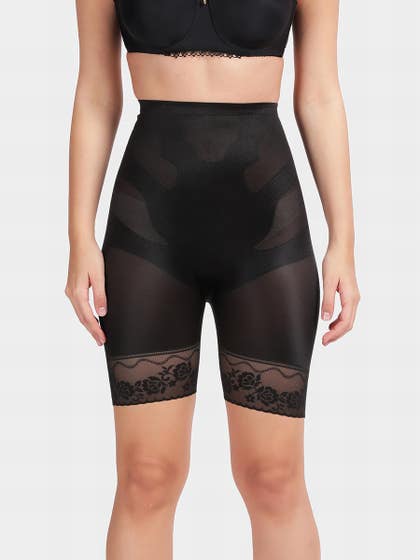 Shyle Black High Waist Tummy Tucker Lace Shorts Shapewear