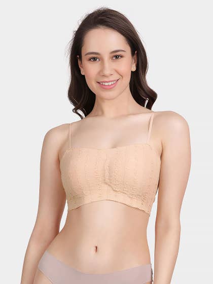 Shyle Apricot Gelato Ribbed With Front Lace Slip On Bra