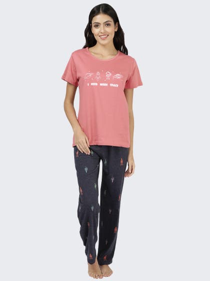 Shyaway Sugar Coral Pink Space Printed Pyjama Set