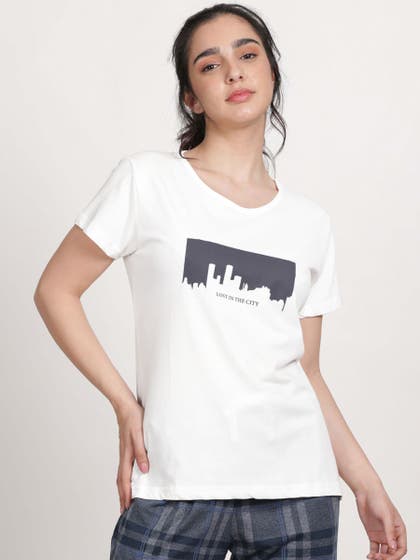Shyaway White Grey Lost In The City Print Nightwear Top