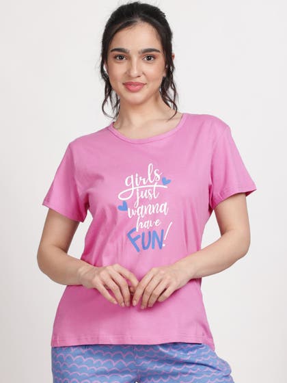 Shyaway Pink Blue Girls Just Wanna Have Fun Print Nightwear Top