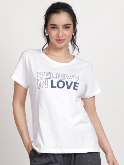 Shyaway White Blue Believe In Love Print Nightwear Top