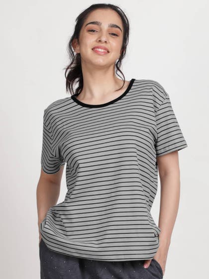 Shyaway Monument Grey Stripes Print Nightwear Top