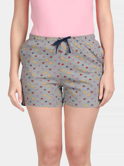 Shyaway Blue Grey Multicolour Heart Print Mid Thigh Shorts