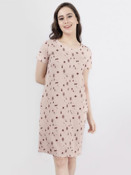 Shyaway Ballet Pink Tree Printed Casual Sleep Tee
