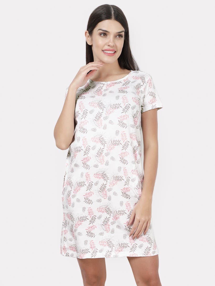 Shyaway White Pink Leaf Printed Casual Sleep Tee