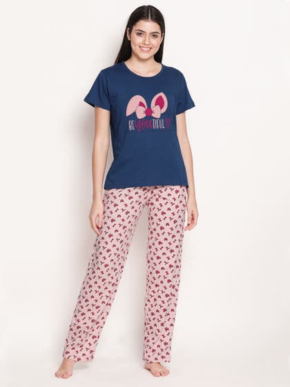 Shyaway Blue Pink Bow Printed Pyjama Set