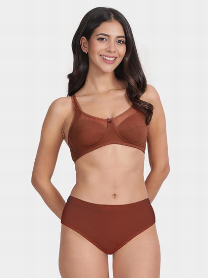 Susie Rustic Brown Mesh Neckline Non Padded Everyday Bra Lingerie Set