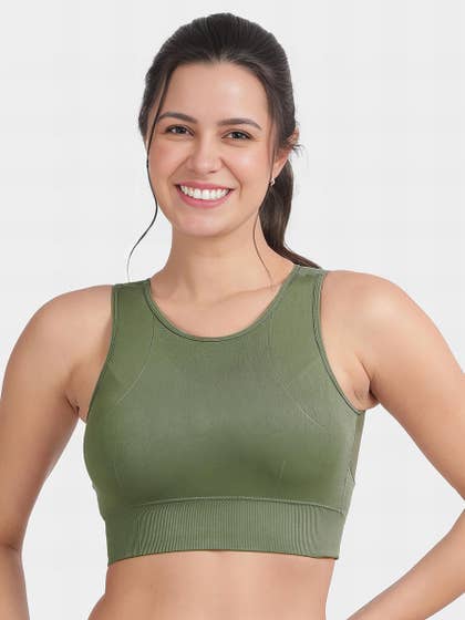 Shyle Olive Green Pink Mesh Back Seamless Sports Bra