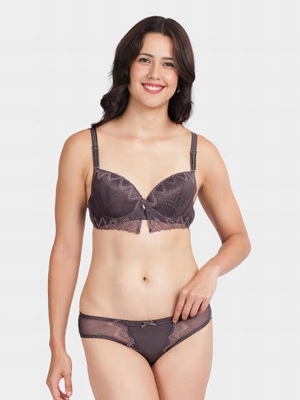 Shyle Dark Grey Decorative Lace Pushup Bra And Bikini Panty Lingerie Set