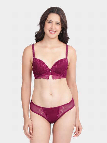Shyle Dark Pink Decorative Lace Pushup Bra And Bikini Panty Lingerie Set