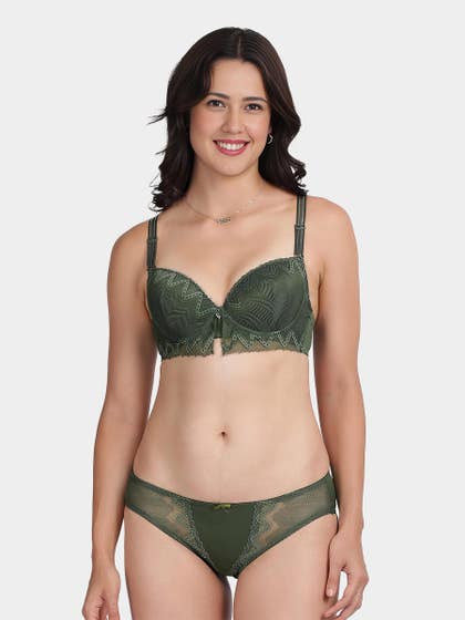 Shyle Forest Green Decorative Lace Pushup Bra And Bikini Panty Lingerie Set