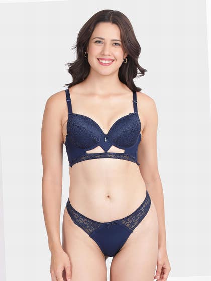 Shyle Dark Blue Decorative Gore Pushup Bra And Thong Panty Lingerie Set