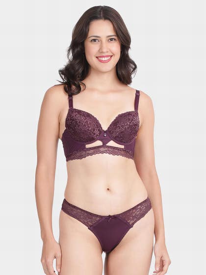 Shyle Dark Purple Decorative Gore Pushup Bra And Thong Panty Lingerie Set