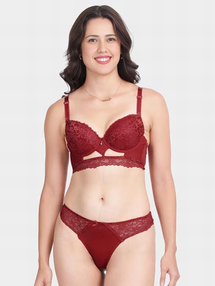 Shyle Deep Red Decorative Gore Pushup Bra And Thong Panty Lingerie Set