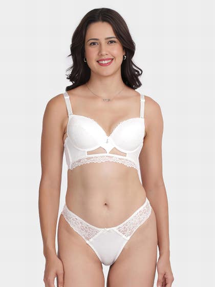 Shyle White Decorative Gore Pushup Bra And Thong Panty Lingerie Set