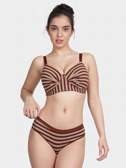 Taabu Cinnamon Brown Padded Striped Cotton Lingerie Set
