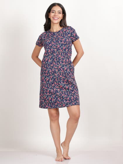 Shyaway Ocean Blue Floral Printed Casual Sleep Tee